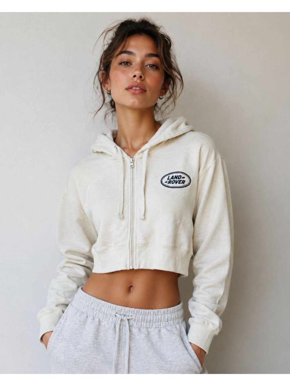 Land Rover Pacsun XS Cropped Hoodie Hooded Sweatshirt Cream Green Full Zip